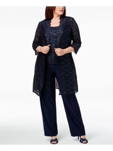 R&M RICHARDS WOMAN Womens Navy Sequined Lace Pant Suit Plus 14W fB[X