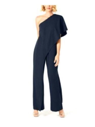 ADRIANNA PAPELL Womens Navy One-shoulder Overlay Wide Leg Jumpsuit 16 レディース