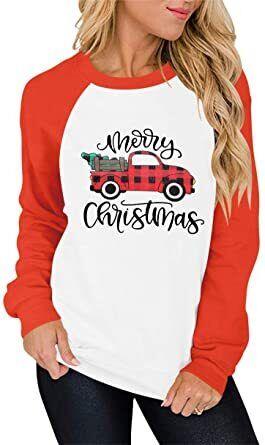 ANTSZONE Womens Merry Christmas Plaid Truck Tree Graphic Shirt (Orange/White-M) レディース