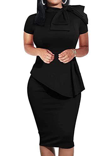 WanMem Women Formal Bodycon Peplum Cocktail Dress Short Sleeve Bow Ruffle Pencil レディース