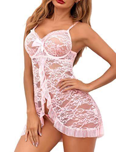 ADOME Women Lingerie Lace Babydoll Chemise Open Front Negeliee Sleepwear Pink レディース