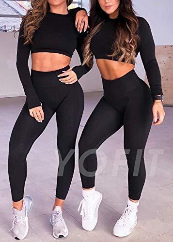 YOFIT Exercise Outfits for Women 2 Pieces Seamless Yoga Outfits Gym Crop Top fB[X