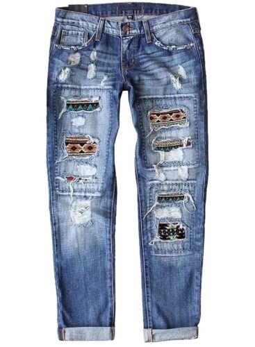 Astylish Womens Stretch Ripped Denim Pants Cloth Block Splicing Distressed レディース