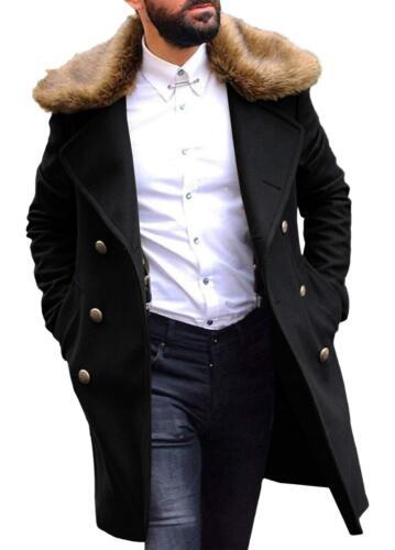 PASLTER Mens Winter Trench Overcoat Removable Faux Fur Collar Top Coat Double メンズ