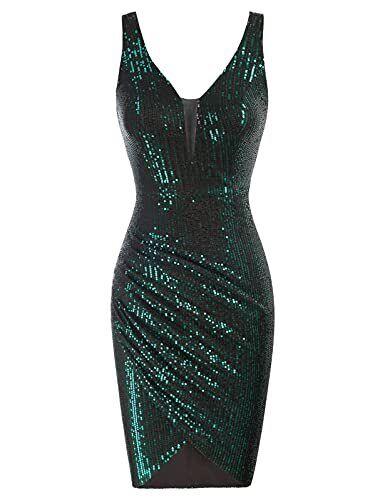 グレース GRACE KARIN Women Deep V Neck Party Mini Dress U Back Sequin Irregular Hem レディース