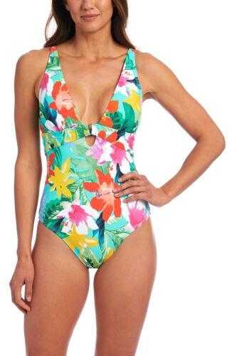 ֥ La Blanca Womens V-Neck One Piece Swimsuit Aquamarine/Tropea Breeze 14 Multi ǥ