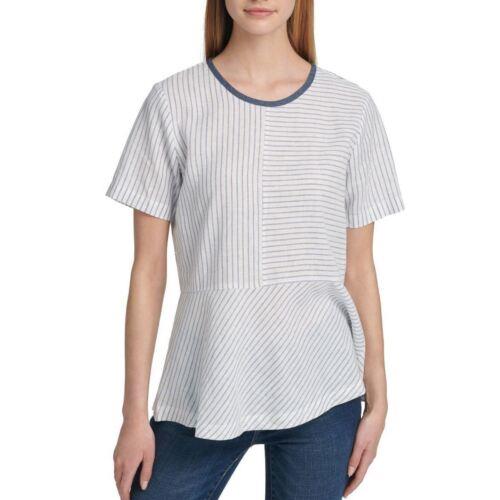 ディーケーエヌワイ DKNY NEW Women's Ivory/blue Linen-blend Striped Peplum Blouse Shirt Top L TEDO レディース