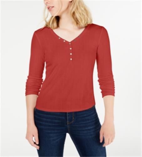Hippie Rose Juniors' Rib-Knit Henley Top Red Size XS ǥ