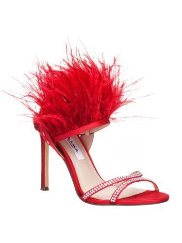 j[i NINA Womens Red Feather Dalva Round Toe Stiletto Buckle Dress Heeled Sandal 5 M fB[X