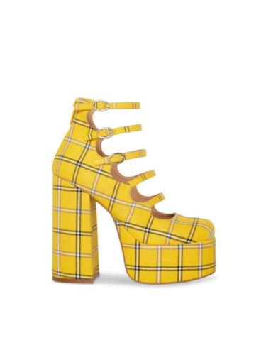 f STEVE MADDEN Womens Yellow Plaid 3 Platform Toe Block Heel Pumps Shoes 9 M fB[X