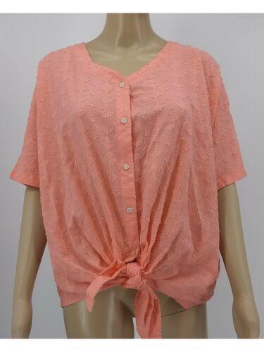 STYLE & COMPANY Womens Coral Short Sleeve V Neck Button Up Top Size: M ǥ