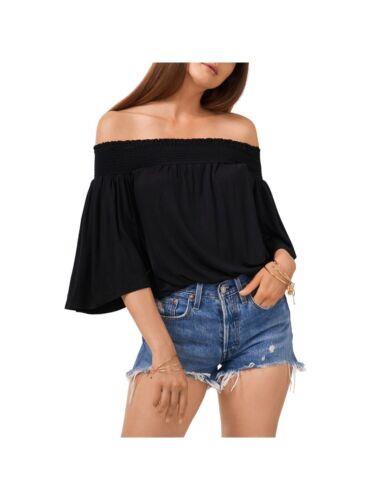 1. STATE Womens Black Stretch Smocked Drapey 3/4 Sleeve Off Shoulder Top S レディース