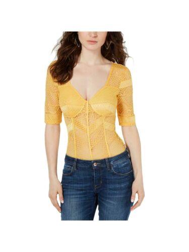 ゲス GUESS Womens Yellow Lace Short Sleeve Scoop Neck Intimates Bodysuit L レディース