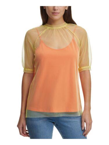 ディーケーエヌワイ DKNY Womens Orange Tulle Cami Underneath Elbow Sleeve Round Neck Top XL レディース