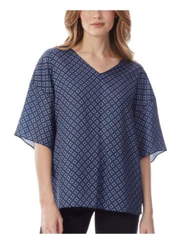 ジョーンズニューヨーク JONES NEW YORK Womens Navy Printed Elbow Sleeve V Neck Top M レディース