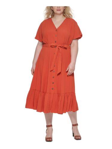 カルバン・クライン ベルト（レディース） カルバンクライン CALVIN KLEIN Womens Orange Button Front Matching Tie Belt Midi Dress Plus 16W レディース