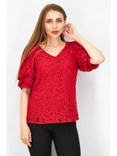 ヴィンス VINCE CAMUTO Womens Red Lace Lined Pouf Sleeve V Neck Wear To Work Top L レディース