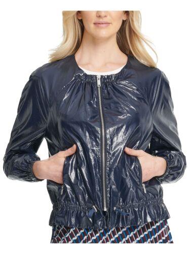 ディーケーエヌワイ DKNY Womens Navy Faux Leather Bomber Jacket Size: S レディース