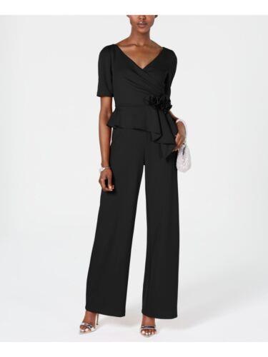 ADRIANNA PAPELL Womens Black Short Sleeve V Neck Cocktail Wide Leg Jumpsuit 6 レディース