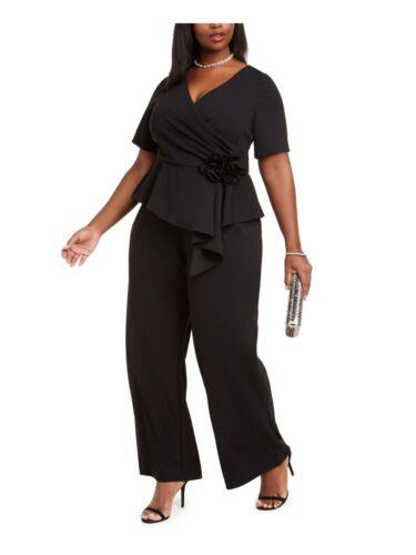 ADRIANNA PAPELL Womens Black Rose-Short Sleeve Peplum Straight leg Jumpsuit 6 レディース