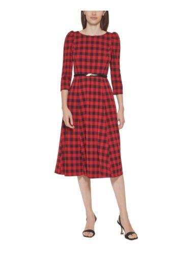 カルバン・クライン ベルト（レディース） カルバンクライン CALVIN KLEIN Womens Red Removable Belt Plaid 3/4 Sleeve Midi Dress Petites 2P レディース