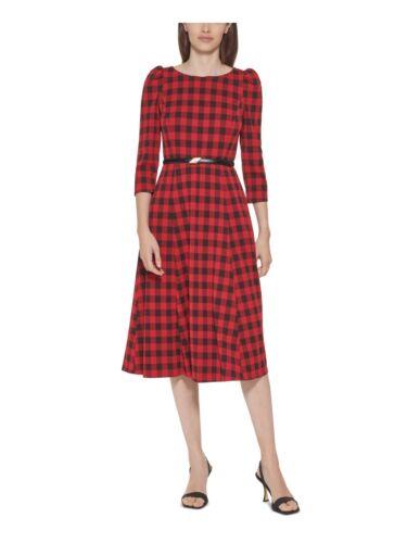 カルバン・クライン ベルト（レディース） カルバンクライン CALVIN KLEIN Womens Red Shirred-shoulder Removable Belt 3/4 Sleeve Midi Dress 4 レディース