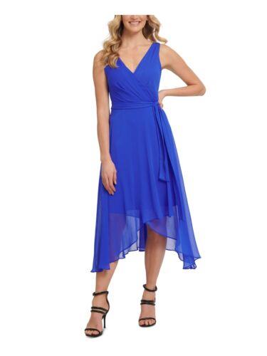 ディーケーエヌワイ DKNY Womens Blue Tie Chiffon Asymmetrical-hem Sleeveless Faux Wrap Dress 4 レディース