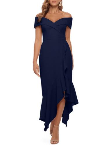 XSCAPE Womens Navy Asymmetrical Hi-lo Hem Short Sleeve Maxi Fit + Flare Dress 4 レディース