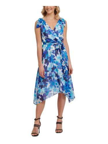 ǥ̥磻 DKNY Womens Blue Belted Hi-lo Hem Lined Sleeveless Midi Faux Wrap Dress 2 ǥ