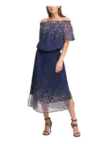 ディーケーエヌワイ DKNY Womens Navy Printed Short Sleeve Off Shoulder Midi Blouson Dress Size: XXS レディース