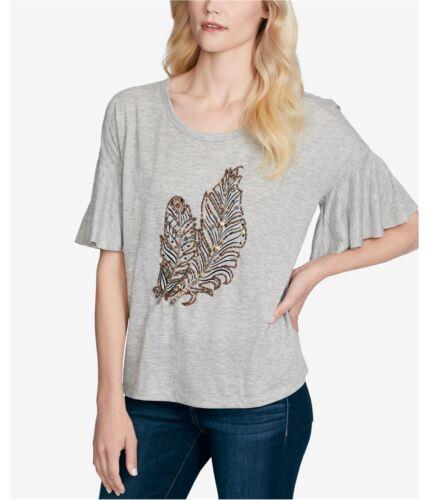 ץ Jessica Simpson Womens Flori-Feather Embellished T-Shirt Grey X-Small ǥ