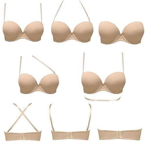 Plusexy Womens Push Up Strapless Bra Thick Padded Underwire Convertible Nude 32D レディース