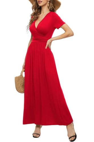 LILBETTER Women's Red Short Sleeves Wrap Waist Maxi Dress with Pockets - L レディース