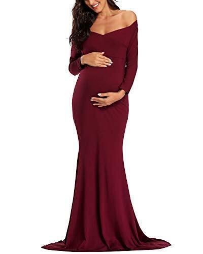 Ecavus Women s Off Shoulder Maternity Dress for Photoshoot Burgundy S Red fB[X