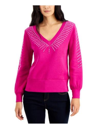 INC Womens Pink Rhinestone Ribbed V Neck Sweatshirt Petites PM fB[X