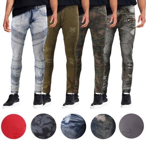 vkwear Men's Muscle Fit Distressed Moto Quilt Zipper Super Skinny Stretch Denim Jeans メンズ