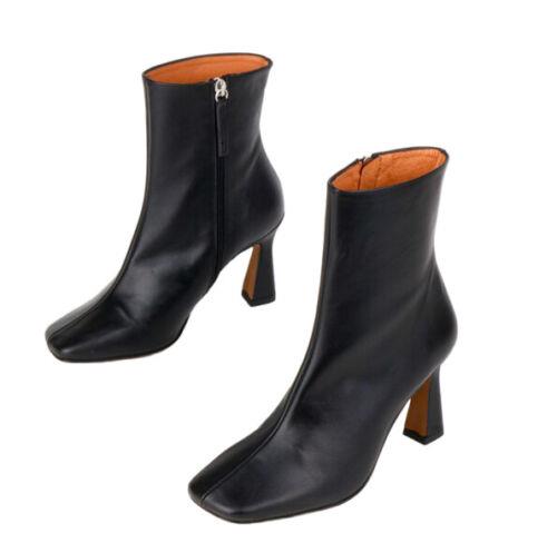 Intentionally Blank Women's Classic Zip Up Flared Heel Square Toed Black Real Leather Boots レディース