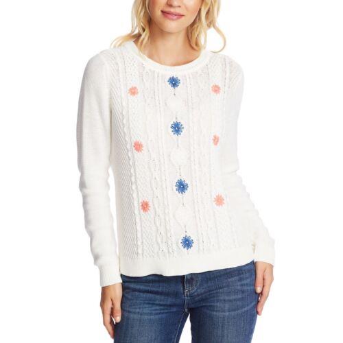 Cece CECE Women's White Floral Embroidered Cable-knit Scoop Neck Sweater Top L TEDO レディース