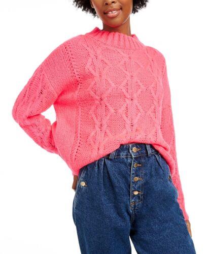 Hooked Up By Iot Junior's Cable Knit Sweater Bright Pink Size Small fB[X
