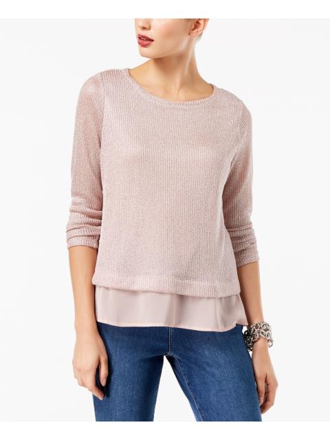 INC Womens Pink Shine Faux Layered Long Sleeve Crew Neck Sweater L fB[X