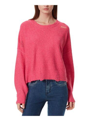 FRAYED Womens Pink Distressed Sheer Ribbed Long Sleeve Crew Neck Sweater M fB[X