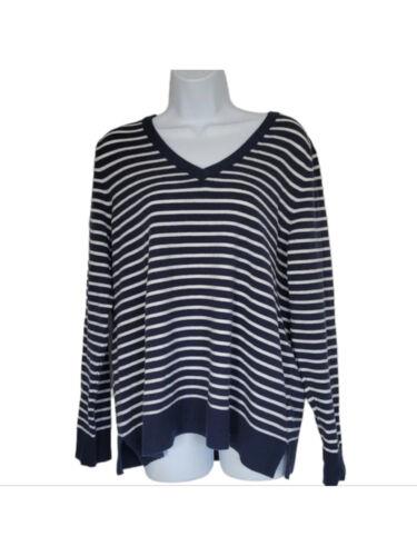 STYLE & COMPANY Womens Navy Knit Ribbed Striped Long Sleeve V Neck Sweater XL fB[X
