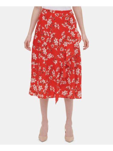 JoNC CALVIN KLEIN Womens Red Floral Midi Pleated Skirt Size: 8 fB[X