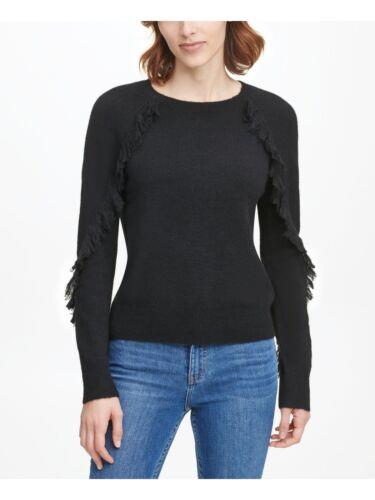 JoNC CALVIN KLEIN Womens Black Fringed Long Sleeve Crew Neck Sweater XS fB[X