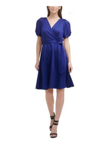 ディーケーエヌワイ DKNY Womens Blue Belted Unlined Short Pouf Knot-s Fit + Flare Dress 4 レディース