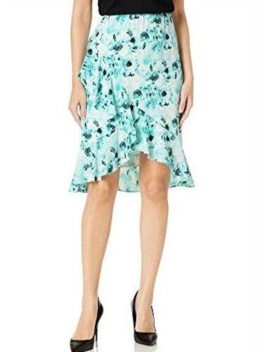 KASPER Womens Aqua Ruffled Floral Knee Length Wear To Work A-Line Skirt 14 fB[X