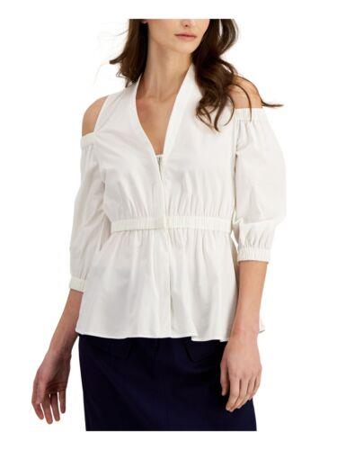 ドナキャランニューヨーク DONNA KARAN NEW YORK Womens White Unlined Pullover 3/4 Sleeve Peplum Top L レディース