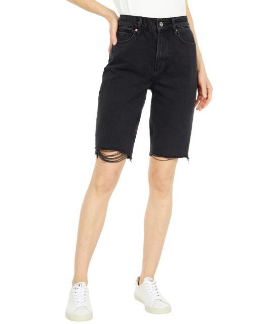 Paige Robbie High-Rise Shorts w/ Caballo Raw Hem in Black Meadow Stringy Hem レディース