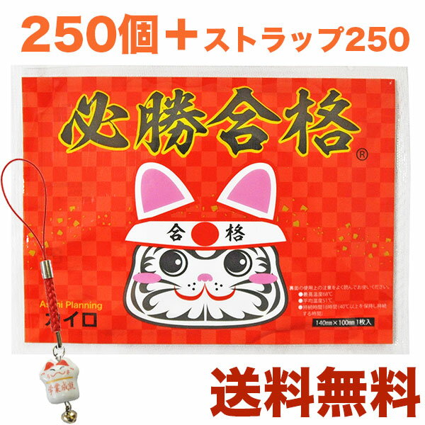 【送料無料】必勝合格カイロ(合格祈願シール入り)レギュラー250個、招き猫ストラップ250個付き【使い捨てカイロ・受験・合格祈願・合格グッズ・合格アイテム・受験グッズ・受験アイテム・学業成就・まとめ買い】