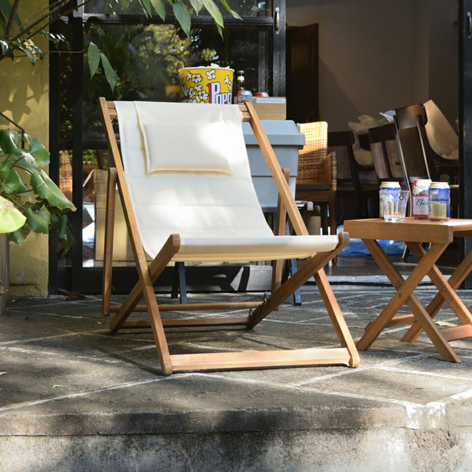 【期間限定ポイント2倍】デッキチェア アイボリー リクライニング 3段階 椅子 イス 折りたたみ チェア キャンプ アウトドア ヘッドレスト リゾート 天然木 折り畳み コンパクト オイル仕上げ